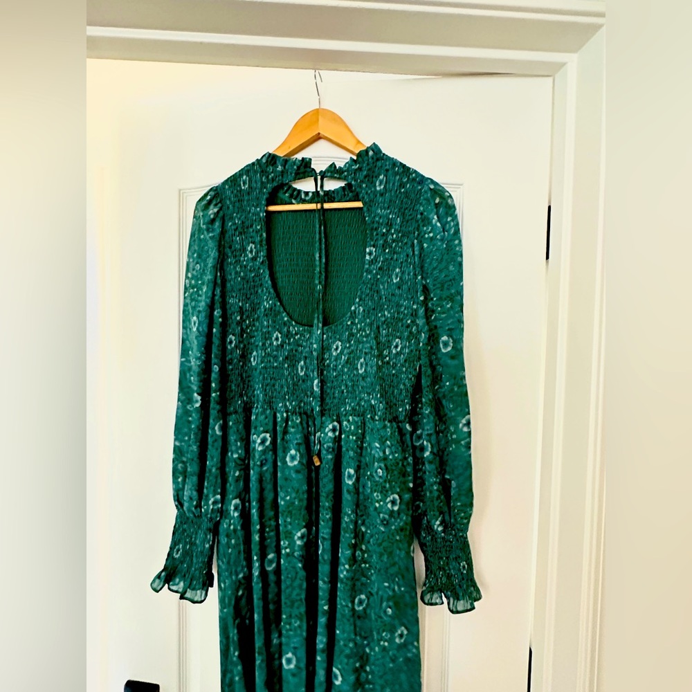 Green georgette Madewell dress - great for holidays!